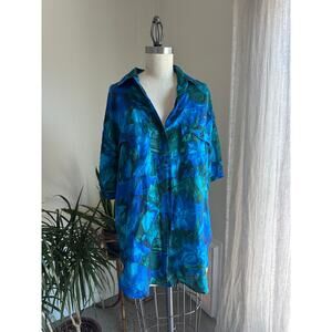 Leena Studio Women's Large Top Blue Silk Tie Dye Abstract Floral Button Down